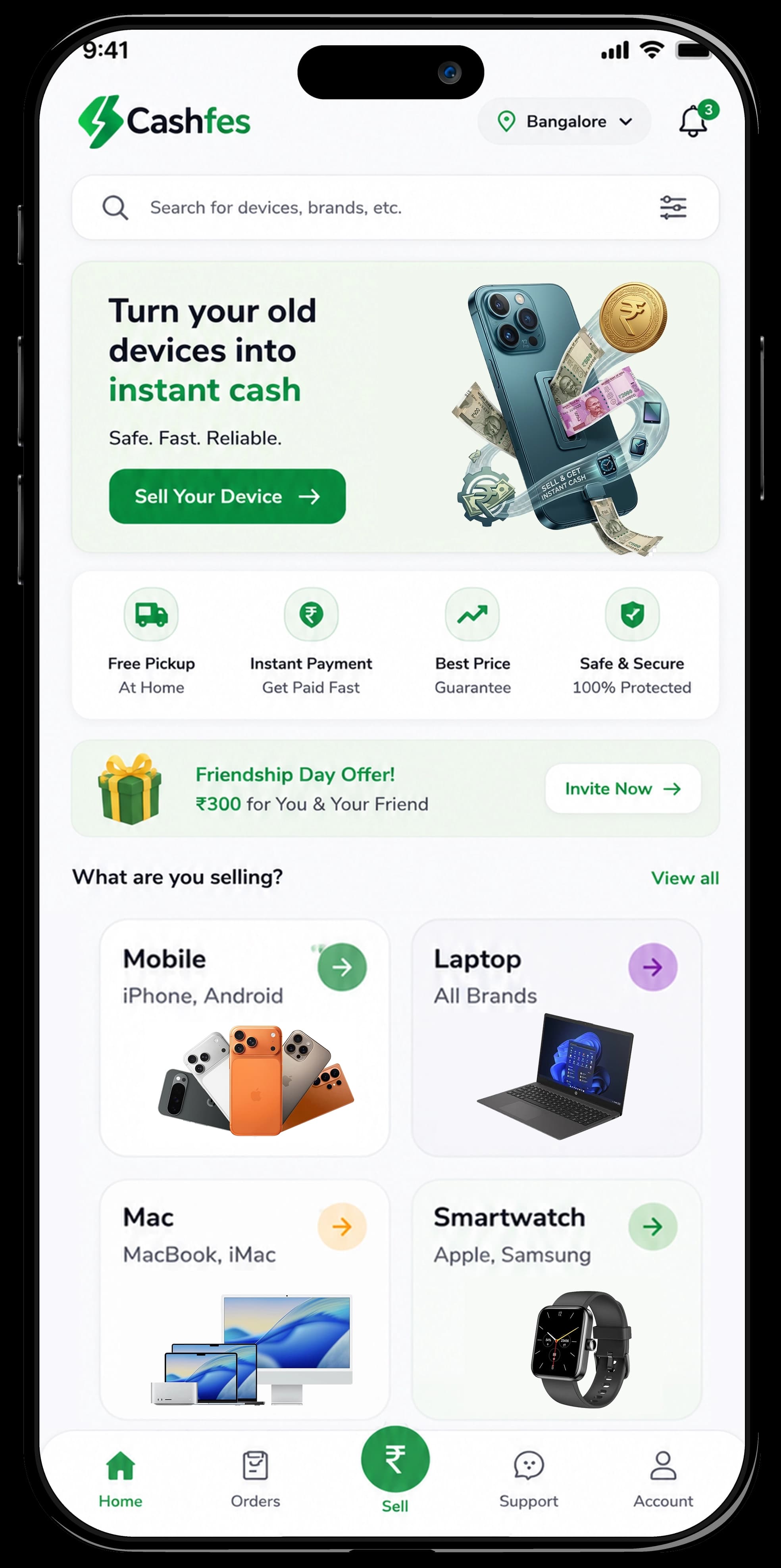 Cashfes app home screen showing instant device valuation and category browsing